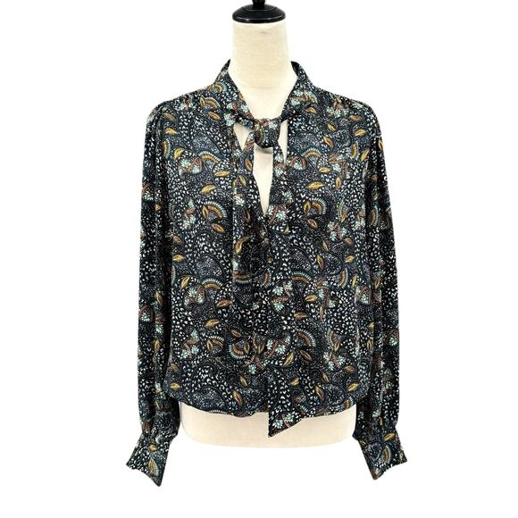 Evereve Charlie Neck Tie Teal Multicolor Printed Long Sleeve Chiffon Blouse - Picture 2 of 12